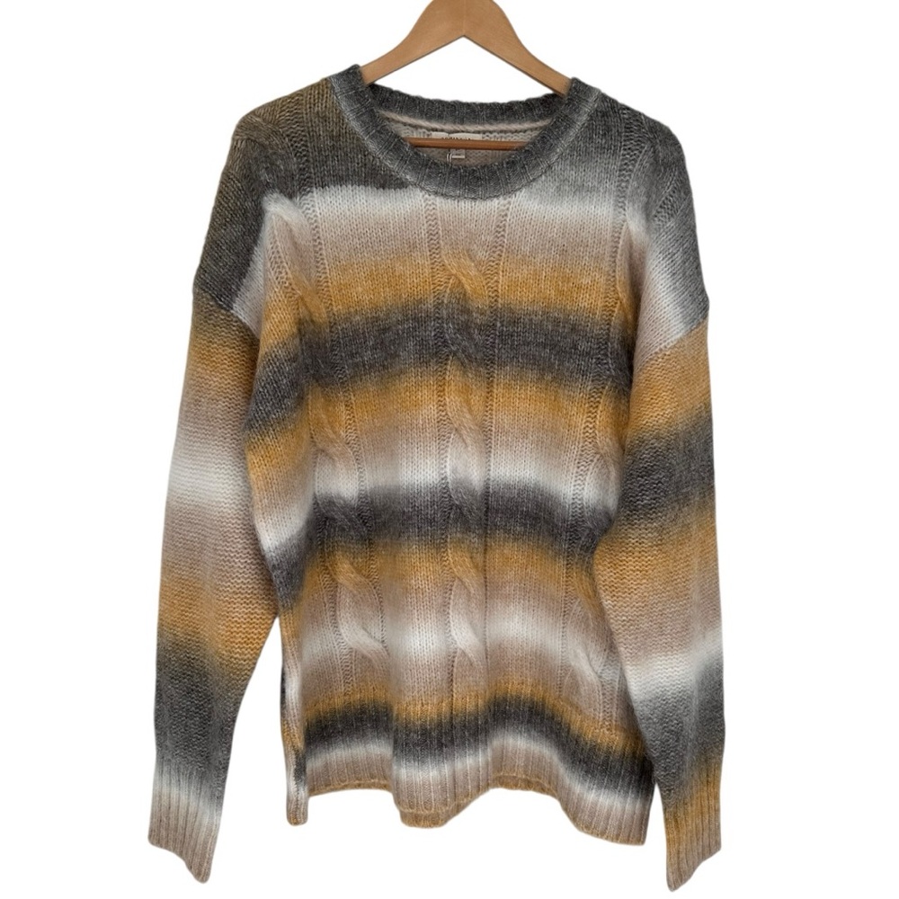 And The Why Striped Fuzzy Sweater size 1X/2X NWT Long Sleeve Grey White Yellow